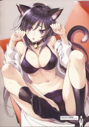 Rule 34 | 1girl, animal ear fluff, animal ears, bell, bikini, black bra, black hair, black panties, black socks, blush, box, bra, breasts, cat ears, cat girl, cat tail, chaos;child, groin, groin tendon, hair over breasts, highres, ikeda yasuhiro, knees, kunosato mio, lab coat, long hair, looking at viewer, lying, medium breasts, navel, neck bell, official art, on back, open mouth, panties, paw pose, purple eyes, scan, sidelocks, socks, solo, sweat, sweatdrop, swimsuit, tail, teeth, tongue, underwear, upper teeth only