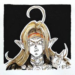 Rule 34 | 1boy, ahoge, armor, black background, border, dragon quest, dragon quest iv, furrowed brow, long bangs, long hair, male focus, open mouth, parted bangs, pauldrons, pisaro, pointy ears, shoulder armor, shoulder spikes, single pauldron, solo, spikes, sweatdrop, tcgf 04, toriyama akira (style), upper body, white border, wide-eyed