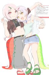2girls alternate_costume amazon_tree_boa_(kemono_friends) belt black_belt black_shirt blue_shirt blush braid brown_belt brown_jacket casual crop_top denim denim_shorts emerald_tree_boa_(kemono_friends) full_body gold_necklace green_sandals grey_hair grey_pants hair_between_eyes hair_ornament hair_rings hairclip high_collar highres hug_from_side jacket jewelry kamisamanosaba kemono_friends long_hair midriff multiple_girls navel necklace open_clothes open_jacket open_mouth orange_eyes pants pink_hair red_eyes red_sandals sandals see-through_clothes see-through_sleeves shirt short_shorts short_sleeves shorts sidelocks smile snake_girl snake_tail spaghetti_strap tail translation_request twin_braids white_shirt