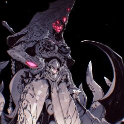 Rule 34 | 1girl, black background, breasts, colored skin, commentary, cowboy shot, from below, glowing, glowing eyes, glowing mask, grey skin, grotta, holding, holding scythe, kamen rider, kamen rider gavv (series), large breasts, linnnoj, monster girl, no pupils, pink eyes, scythe, solo, squid girl, stomach mouth, tentacles, tokusatsu