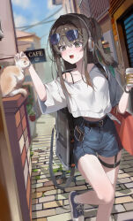 1girl absurdres auua bag belt black_belt blue-tinted_eyewear blue_shorts brown_eyes brown_hair cat collarbone cup day diamond-shaped_pupils diamond_(shape) eyewear_on_head girls&#039;_frontline girls&#039;_frontline_2:_exilium hair_intakes headphones highres holding holding_cup k2_(girls&#039;_frontline) loose_clothes loose_shirt one_side_up open_mouth outdoors petting shirt shoes shopping_bag short_sleeves shorts sneakers solo symbol-shaped_pupils tinted_eyewear white_shirt yoohee_(girls&#039;_frontline_2)