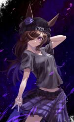 1girl animal_ears beanie black_background black_hat black_shirt brown_hair flipped_bangs flipped_hair flower gyaru_v hair_over_one_eye hat highres horse_ears horse_girl inishie_kumo long_hair official_alternate_costume one_eye_covered petals plaid_clothes plaid_skirt pleated_skirt purple_background purple_eyes purple_flower purple_rose purple_skirt rice_shower_(boc&#039;z_we\n)_(umamusume) rice_shower_(umamusume) rose shirt short_sleeves skirt solo umamusume v