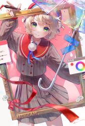 1girl absurdres blonde_hair blue_ribbon blush brown_shirt brown_skirt buttons character_name color_wheel commentary_request cowboy_shot daisy_(flower) flower gradient_eyes green_eyes hat high-waist_skirt highres holding holding_picture_frame holding_stylus long_sleeves looking_at_viewer multicolored_eyes neck_ribbon picture_frame pleated_skirt red_hat red_ribbon ribbon shigure_ui_(vtuber) shirt short_hair simple_background skirt smile solo standing striped_clothes stylus umbrella vertical-striped_clothes virtual_youtuber yuzu_collar