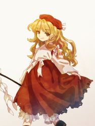 beret black_footwear blonde_hair bloomers detached_sleeves gohei hakama hakama_skirt hat holding hourai_girl_(touhou) japanese_clothes kimono long_hair miko portrait_of_exotic_girls red_hakama red_hat red_skirt retrochaossan ribbon sash simple_background skirt skirt_hold smile touhou underwear walking wavy_mouth white_bloomers white_kimono white_ribbon white_sash yellow_eyes