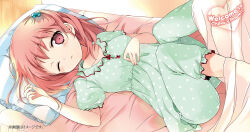 029 1girl :o bed bed_sheet blush breasts brown_eyes brown_hair collarbone english_text full_body green_pajamas hataraku_maou-sama! highres large_breasts looking_at_viewer lying medium_hair on_back one_eye_closed open_mouth pajamas pillow polka_dot polka_dot_pajamas sasaki_chiho short_sleeves sleepwear solo