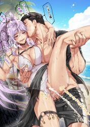 1boy 1girl absurdres anal beach black_hair blush breasts censored choker commission commissioner_upload covered_erect_nipples drooling female_ejaculation fire_emblem fire_emblem:_genealogy_of_the_holy_war fire_emblem:_thracia_776 highres ishtar_(fire_emblem) kusu_(moo1225) leg_up licking licking_another&#039;s_neck long_hair male_swimwear mosaic_censoring nintendo nipple_stimulation nipple_tweak nipples non-web_source palm_tree pectorals ponytail purple_eyes purple_hair reinhardt_(fire_emblem) saliva sex skeb_commission swim_trunks swimsuit tears tree veins