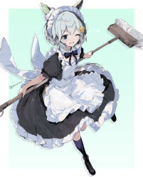Rule 34 | 1girl, ;d, alternate costume, animal ears, apron, black bow, black bowtie, black dress, blue eyes, border, bow, bowtie, broom, dress, ear covers, enmaided, fang, flower, frilled apron, frilled dress, frills, green background, grey hair, hair between eyes, hair flower, hair ornament, highres, holding, holding broom, horse ears, horse girl, kannagiray, looking at viewer, maid, maid apron, maid headdress, one eye closed, open mouth, puffy short sleeves, puffy sleeves, seiun sky (umamusume), short hair, short sleeves, simple background, single ear cover, skin fang, smile, solo, sunflower, sunflower hair ornament, twitter username, umamusume, waist apron, white apron, white border