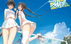 00s breasts brown_hair fault!! grey_eyes medium_breasts midriff midriff_peek navel navel_peek panties panties_peek pantyshot ponytail racket ribbon saeki_ai sky small_breasts sportswear striped_clothes striped_panties sugiyama_mio tennis_net tennis_racket tennis_uniform thighhighs tony_taka twintails underwear upskirt