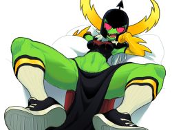 1girl breasts cleavage colored_skin disney fake_horns female_pubic_hair freckles gashi-gashi gauntlets green_skin helmet highres horned_helmet horns long_skirt looking_at_viewer lord_dominator midriff pink_eyes presenting pubic_hair shoes side_slit silver_hair skirt sneakers socks solo wander_over_yonder