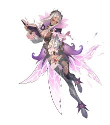 1girl alternate_costume aversa_(fire_emblem) aversa_(resplendent)_(fire_emblem) black_nails book boots breasts bridal_gauntlets cape cleavage clenched_teeth dark-skinned_female dark_skin detached_sleeves dress facial_mark fairy_wings female_focus fingernails fire_emblem fire_emblem_awakening fire_emblem_heroes flower frills full_body grey_hair highres holding holding_book large_breasts long_hair long_sleeves makitoshi0316 nintendo no_bra non-web_source official_alternate_costume official_art one_eye_closed open_book parted_bangs parted_lips pelvic_curtain plant red_eyes short_dress solo teeth thigh_boots torn torn_cape torn_clothes torn_wings transparent_background vines wince wings