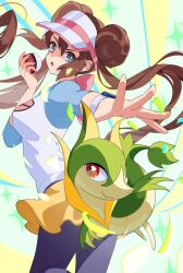Rule 34 | 1girl, :o, blue eyes, breasts, bright pupils, brown hair, commentary request, floating hair, gen 5 pokemon, hand up, holding, holding poke ball, long hair, looking at viewer, nintendo, open mouth, outstretched arm, pantyhose, poke ball, poke ball (basic), pokemon, pokemon (creature), pokemon bw2, raglan sleeves, rosa (pokemon), sapphire ethu, servine, shirt, shorts, spread fingers, three-quarter sleeves, twintails, visor cap, yellow shorts