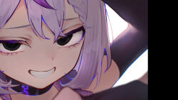 Rule 34 | 1girl, black collar, blush, close-up, collar, highres, hololive, la+ darknesss, long hair, long sleeves, purple hair, sauce darusungi, simple background, smirk, solo, thumbnail collage, virtual youtuber, white background