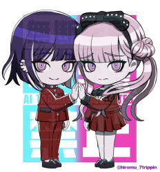 1boy 1girl black_hairband black_sailor_collar black_shoes bow_hairband brother_and_sister chibi chibi_only colored_inner_hair frown gakuran hair_bun hairband hayase_hiromu highres jacket looking_at_viewer multicolored_hair palms_together pants pink_eyes pink_hair pleated_skirt purple_hair red_jacket red_pants red_serafuku red_shirt red_skirt ringed_eyes sailor_collar school_uniform serafuku shirt shoes short_hair siblings skirt smile the_hundred_line_-last_defense_academy- tsukumo_ima tsukumo_kako twins twintails watermark