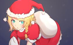 Rule 34 | 1girl, alternate costume, blonde hair, blue eyes, blush, bow, braid, breasts, bright pupils, christmas, commentary request, cookie (touhou), cowboy shot, expressionless, grey background, hair bow, hat, highres, holding, holding sack, kirisame marisa, leaning forward, looking at viewer, medium breasts, meguru (cookie), nanariku, open mouth, pom pom (clothes), red bow, sack, santa costume, santa hat, short hair, side braid, single braid, solo, touhou, white pupils