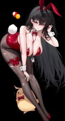 1girl absurdres animal_ears azur_lane bare_shoulders black_hair bow bowtie breasts brown_pantyhose closed_mouth detached_collar fake_animal_ears fake_tail freng hair_between_eyes high_heels highres huge_breasts id_card leotard looking_at_viewer manjuu_(azur_lane) official_alternate_costume pantyhose playboy_bunny rabbit_ears rabbit_tail red_bow red_bowtie red_leotard red_shoes shoes smile sweat taihou_(azur_lane) taihou_(fun_on_the_baize)_(azur_lane) tail tongue tongue_out torn_clothes torn_pantyhose