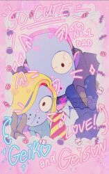 1boy 1girl arrow_(symbol) artist_name bald black_gloves blonde_hair bobateapenguin brown_gloves brown_jacket bulging_eyes character_name collared_shirt colored_skin commentary drawn_ears drawn_whiskers english_commentary english_text father_and_daughter film_grain geiko_(punch_punch_forever!) geison_(punch_punch_forever!) gloves heart hockey_mask jacket long_hair mask necktie one_eye_covered pink_background pink_skin pointy_ears punch_punch_forever! purikura shirt striped_necktie v white_shirt