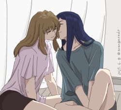 2girls black_shorts blue_hair blue_shirt brown_hair closed_eyes closed_mouth commentary_request dated fujino_shizuru kiss kissing_cheek kuga_natsuki long_hair multiple_girls my-hime orangeredp purple_shirt shirt short_sleeves shorts sitting twitter_username yuri