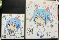 Rule 34 | 1girl, ^ ^, aged down, animal ears, bendy straw, blue hair, blue shoes, blush, bow, braid, carrot hair ornament, closed eyes, closed mouth, collared shirt, commentary request, dated, don-chan (usada pekora), dress, drinking straw, food-themed hair ornament, hair between eyes, hair bow, hair ornament, hands up, highres, holding, hololive, kiritoma, looking at viewer, multicolored hair, multiple views, photo (medium), puffy short sleeves, puffy sleeves, rabbit-shaped pupils, rabbit ears, red eyes, shirt, shoes, short eyebrows, short sleeves, signature, socks, standing, symbol-shaped pupils, thick eyebrows, traditional media, translation request, twin braids, twintails, two-tone hair, usada pekora, virtual youtuber, white bow, white dress, white hair, white socks