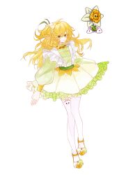 1girl absurdres ahoge animal_ear_legwear belt blonde_hair bow bubble_skirt chinese_commentary closed_mouth colored_eyelashes commentary_request draftodil flower footwear_bow frills full_body garter_belt gold_shoes green_belt green_bow green_shirt hair_between_eyes hair_flower hair_ornament highres long_hair long_sleeves looking_at_viewer miniskirt official_alternate_costume one_side_up pale_skin personification petticoat plants_vs._zombies plants_vs._zombies_2 pleated_skirt puffy_long_sleeves puffy_sleeves rabbit_ear_legwear reference_inset shirt shoes siiiiiiiiiii simple_background skirt smile solo thighhighs wavy_hair white_background white_flower white_skirt white_thighhighs yellow_eyes zettai_ryouiki