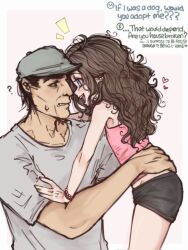 ? black_shorts blue_eyes brown_hair camisole elle_(imaginaryiand) english_text eye_contact face-to-face grey_hat grey_shirt hand_on_another&#039;s_waist hat loli long_hair looking_at_another messy_hair open_mouth original pink_camisole shirt short_shorts shorts smile