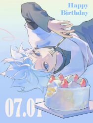 1boy blue_eyes cake eating food gong_0777 happy_birthday hashtag-only_commentary highres hunter_x_hunter killua_zoldyck long_sleeves looking_at_viewer lying male_focus on_back short_hair shorts solo utensil_in_mouth white_background white_hair