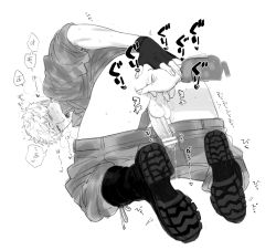 1boy all_fours anal_fingering ass blush boots busujima_rio_mason camouflage clothes_pull combat_boots erection fingering greyscale highres hypnosis_mic male_focus monochrome pants pants_pull penis solo_focus suko_mugi testicles torogao white_background