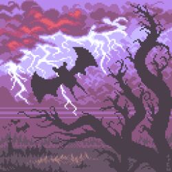 animal_focus branch castle commentary creatures_(company) cross dated_commentary english_commentary flying game_freak gen_1_pokemon jrchair98 lightning nintendo no_humans pixel_art pokemon pokemon_(creature) purple_sky scenery silhouette sky storm tree zubat