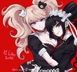 2girls :3 amasaiyurii bear_hair_ornament black_choker black_jacket black_shirt blonde_hair breasts celestia_ludenberg choker cleavage collarbone danganronpa:_trigger_happy_havoc danganronpa_(series) drill_hair earrings english_text enoshima_junko frills from_side grey_eyes hair_ornament jacket jewelry large_breasts long_sleeves mole mole_under_eye multiple_girls nail_polish red_background red_eyes red_nails ring shirt simple_background smile twin_drills twintails upper_body