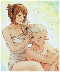 2girls absurdres artist_logo asimov_(spindle_(aidenr0)) black_headband blush border brown_hair closed_eyes collarbone commentary english_commentary feet_out_of_frame green_eyes headband highres hugging_own_legs logo looking_at_another multiple_girls nude original ottilie_(spindle_(aidenr0)) parted_lips pointy_ears same-sex_bathing shared_bathing short_hair sitting spindle_(aidenr0) towel upper_body washing_hair white_border white_hair yuri