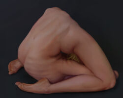 1girl barefoot blonde_hair completely_nude contortion flexible grey_background ikelag nude original realistic ribs soles solo toes