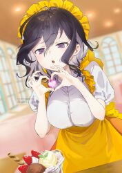 1girl absurdres apron black_hair breasts character_request food grimoire_~shiritsu_grimoire_mahou_gakuen~ hair_between_eyes hairband heart heart_hands highres large_breasts long_hair maid maid_apron maid_headdress munikomamu open_mouth parfait purple_eyes shirt short_sleeves solo teeth upper_teeth_only white_shirt yellow_apron yellow_hairband