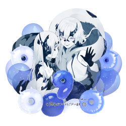 Rule 34 | 2girls, abyssal ship, akira (kadokawa), anniversary, black dress, black gloves, blue eyes, breasts, closed mouth, colored skin, cropped torso, dress, enemy lifebuoy (kancolle), gloves, heavy cruiser princess, hood, hoodie, horns, kantai collection, long hair, medium breasts, multiple girls, ne-class heavy cruiser, official art, open mouth, pale skin, short dress, smile, visor, white background, white hair, white skin