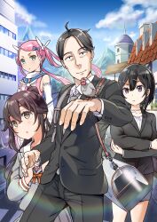 1boy 3girls absurdres bird bird_on_hand black_hair black_skirt black_suit blush bow breasts brown_eyes brown_hair closed_mouth cloud cowboy_shot formal_clothes green_eyes grey_necktie grey_skirt grey_suit hair_between_eyes hair_ornament highres hoshizaki_(sasaki_to_p-chan) java_sparrow kantoku long_hair long_sleeves looking_at_viewer magical_girl magical_pink_(sasaki_to_p-chan) mountain multiple_girls necktie open_mouth otonari-san_(sasaki_to_p-chan) p-chan_(sasaki_to_p-chan) pink_hair pleated_skirt ponytail rabbit_hair_ornament sasaki_(sasaki_to_p-chan) sasaki_to_p-chan school_uniform serafuku short_hair skirt sky smile standing suit town twintails upper_body yellow_eyes