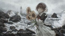 1girl absurdres apron black_dress brown_hair check_copyright commission copyright_request dress expressionless flower green_eyes highres holding holding_flower lighthouse looking_at_viewer maid original outdoors overcast shore short_hair sky solipsist solo sunflower water waves wind