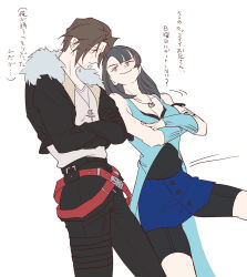 1boy 1girl belt bike_shorts_under_skirt black_hair black_jacket black_pants black_shirt black_tank_top blue_eyes blue_skirt blunt_bangs breasts brown_hair cleavage commentary_request cropped_jacket crossed_arms detached_sleeves final_fantasy final_fantasy_viii flat_color fur-trimmed_jacket fur_trim grey_fur highres jacket jewelry leaning_on_person leaning_to_the_side leg_up long_sleeves looking_at_another looking_to_the_side miniskirt multiple_belts necklace open_clothes open_jacket pants pendant red_belt ring ring_necklace rinoa_heartilly scar scar_on_face shirt short_hair simple_background skirt sleeveless_duster smile soo_(sr00a2ht) squall_leonhart tank_top thigh_strap translation_request upper_body v-neck white_background white_shirt