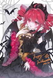 1girl ahoge black_dress black_horns black_sleeves black_wings detached_sleeves dress fang fingernails frilled_dress frilled_hairband frilled_sleeves frills hair_between_eyes hairband hand_up happy_halloween hashtag-only_commentary highres horns jewelry kasane_teto kasane_teto_(halloween) layered_dress looking_at_viewer open_mouth red_eyes red_hair red_nails red_sleeves ring rrrrika sharp_fingernails silk skin_fang sleeveless sleeveless_dress solo spider_web swimsuit upper_body utau wings