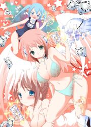 3girls angel_wings armpits bikini blue_eyes blue_hair blush breasts broken broken_chain brown_hair card chain cleavage closed_mouth collar collarbone cowboy_shot embarrassed expressionless feathered_wings green_eyes highres holding holding_card ikaros large_breasts long_hair looking_at_viewer metal_collar minazuki_suu mitsuki_sohara multiple_girls navel nymph_(sora_no_otoshimono) open_mouth pink_hair pink_wings robot_ears school_swimsuit side-tie_bikini_bottom sora_no_otoshimono swimsuit thighs twintails v-shaped_eyebrows wings
