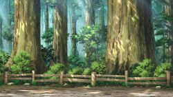 bush dappled_sunlight day dirt_road fence fern forest grass highres nature non-web_source official_art our_life:_beginnings_and_always outdoors park road rock scenery sunlight tree variant_set wooden_fence