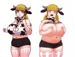 1girl animal_ears animal_print blonde_hair blue_eyes blush breast_hold breasts cleavage cleavage_window clothes_lift covering_privates covering_breasts cow_print fat handkerchief horns huge_breasts kamisuki long_hair looking_at_viewer navel open_mouth plump shirt_lift shorts skindentation smile thick_thighs thighhighs thighs twintails