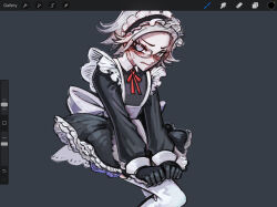1boy aotsuki_eito apron black_dress black_gloves blush bow crossdressing dress eyelashes glasses gloves grey_background highres looking_at_viewer maid maid_apron maid_headdress male_focus neck_ribbon red_bow red_ribbon ribbon simple_background solo solo_focus sweat sweatdrop the_hundred_line_-last_defense_academy- thighhighs unfinished white_thighhighs