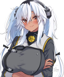 1girl black_nails blush breasts brown_eyes crossed_arms dark-skinned_female dark_skin dated glasses grey_hair hair_between_eyes headgear highres kantai_collection large_breasts long_hair looking_at_viewer mashiro_yukiya musashi_(kancolle) musashi_kai_ni_(kancolle) pointy_hair rectangular_eyewear rimless_eyewear semi-rimless_eyewear signature smile solo twintails upper_body very_long_hair white_background white_hair