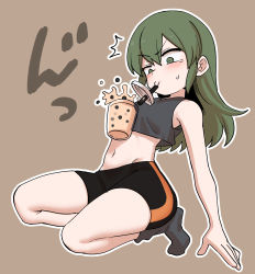 1girl bike_shorts black_shorts blush bubble_tea bubble_tea_challenge commentary failure flat_chest green_eyes green_hair hair_down highres igarashi_futaba medium_hair meme midriff navel senpai_ga_uzai_kouhai_no_hanashi shiromanta shorts singlet socks solo spilling squatting surprised tearing_up thighs