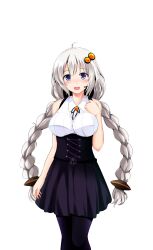 Rule 34 | 1girl, ahoge, alpha transparency, black corset, black pantyhose, black skirt, blue eyes, braid, breasts, commentary request, corset, cowboy shot, grey hair, hair ornament, headset, high-waist skirt, highres, kiki (koikuchikinako), kizuna akari, large breasts, low twin braids, miniskirt, pantyhose, psd available, shirt, skirt, sleeveless, sleeveless shirt, solo, transparent background, twin braids, voiceroid, white shirt