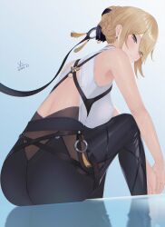 1girl absurdres armpits artist_name ass back backless_shirt black_pants blonde_hair blush braid braided_bun breasts chest_strap collared_shirt dated ear_piercing earrings evelyn_chevalier eyebrows_hidden_by_hair eyes_visible_through_hair hair_bun hair_ornament high-waist_pants highres jewelry large_breasts looking_at_viewer pants piercing purple_eyes shirt signature sitting sleeveless sleeveless_shirt solo teeth thighs vii22581034 white_background white_shirt zenless_zone_zero