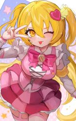 1girl :3 :p blonde_hair bow bowtie commentary cowboy_shot don_quixote_(project_moon) e.g.o_(project_moon) highres in_the_name_of_love_and_hate_(e.g.o) limbus_company lobotomy_corporation_(identity)_(project_moon) long_hair looking_at_viewer one_eye_closed pink_bow pink_bowtie pink_skirt pink_vest pleated_skirt project_moon ro/ku simple_background skirt solo sparkling_eyes tongue tongue_out two_side_up very_long_hair vest white_background