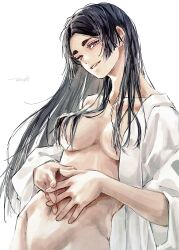 1girl absurdres artist_name artist_request hair_censor head_tilt heart heart-shaped_pupils highres jujutsu_kaisen long_hair looking_at_viewer nude painting_(medium) red_eyes simple_background symbol-shaped_pupils traditional_media watercolor_(medium) white_background yorozu_(jujutsu_kaisen)