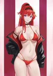 1girl arm_belt bare_shoulders bikini black_hairband black_jacket breasts earrings hair_between_eyes hair_ornament hairband haruyuki_(karem) highres jacket jewelry large_breasts long_hair looking_at_viewer mole mole_on_breast mole_under_eye open_clothes open_jacket pointy_ears purple_eyes red_bikini red_hair solo swimsuit very_long_hair wuthering_waves yinlin_(wuthering_waves)