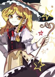 Rule 34 | 1girl, absurdres, apron, blonde hair, bow, braid, closed mouth, commentary request, hair bow, hand on own hip, hat, hat bow, highres, holding, holding wand, ichirugi, juliet sleeves, kirisame marisa, long hair, long sleeves, looking at viewer, official alternate costume, puffy sleeves, side braid, single braid, smile, solo, touhou, undefined fantastic object, waist apron, wand, white bow, witch hat, yellow eyes