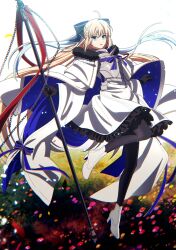 1girl aesc_(fate) aesc_(savior)_(fate) black_bow black_gloves blonde_hair blue_eyes bow fate/grand_order fate_(series) full_body fur_trim gloves hair_between_eyes hair_bow high_heels highres holding holding_staff long_hair looking_at_viewer ponytail solo spikes staff uzura_(uzrtamago) very_long_hair