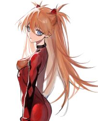 1girl absurdly_long_hair ass breasts curvy expressionless highres huge_ass long_hair looking_at_viewer looking_back mecha_pilot_suit medium_breasts nechynn neon_genesis_evangelion orange_hair plugsuit_(evangelion) souryuu_asuka_langley very_long_hair white_background wide_hips